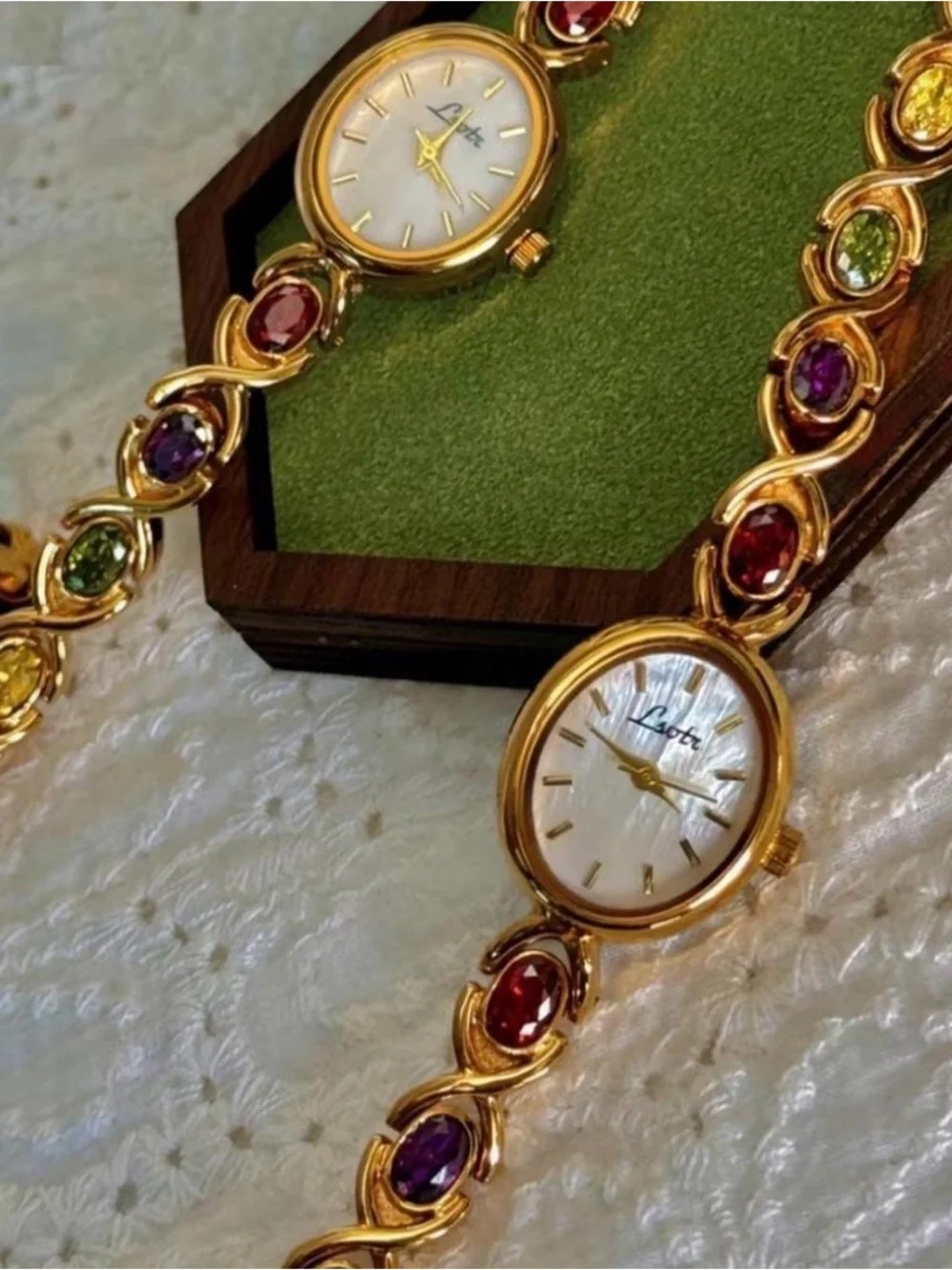 Gold-Tone Women's Bracelet Watch with Multicolor Gem Accents